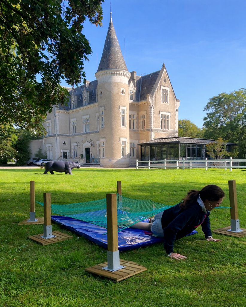 Jeune femme qui rampe sous un filet lors d'une animation team building en Dordogne