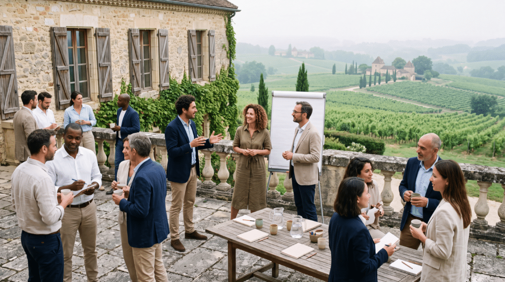 Séminaire d'entreprise sur une terrasse face aux vignes dans le Bordelais