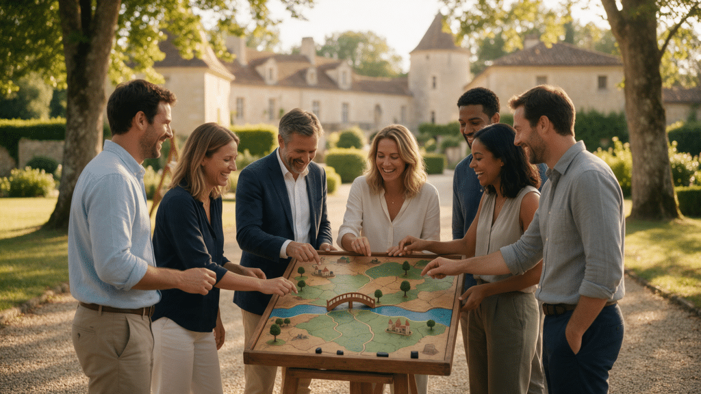équipe en pleine réalisations d' activité pour séminaire entreprise